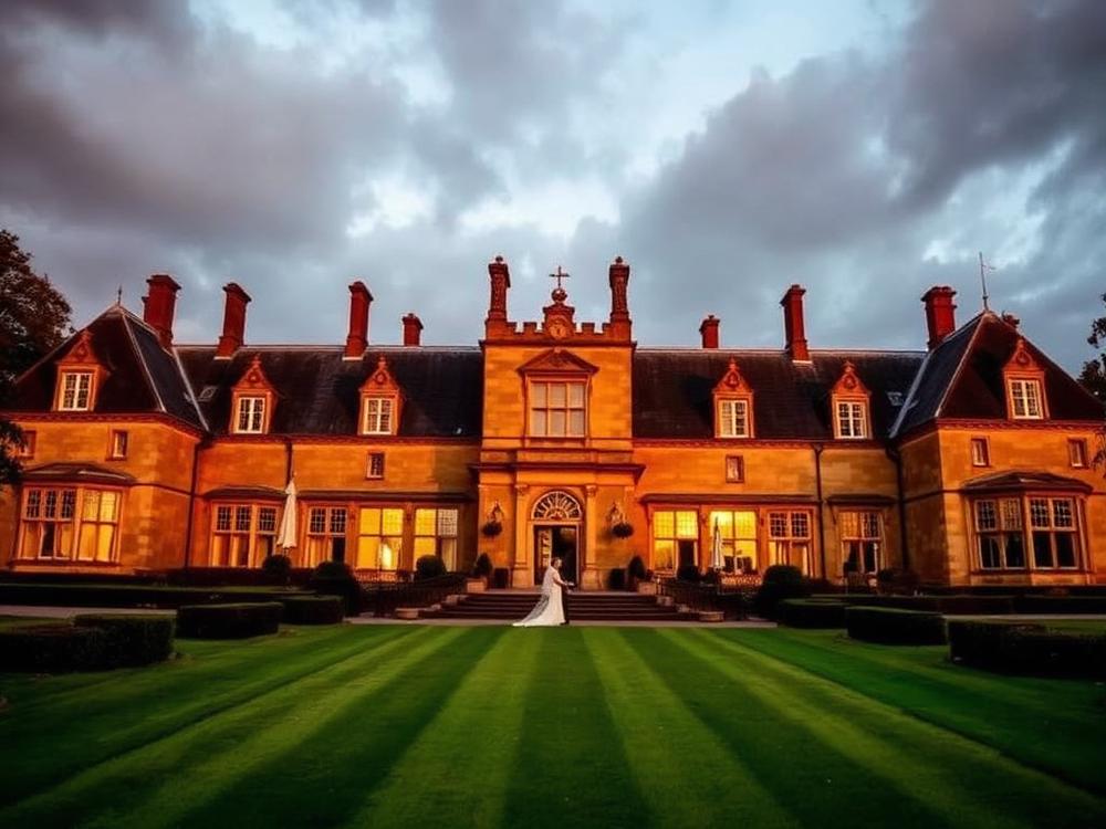 Country house wedding venue exterior at golden hour